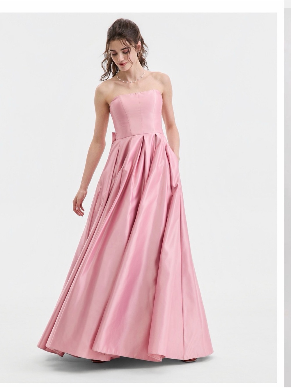 B Darlin Juniors Strapless Satin Gown with Pleated Skirt and Back Bow Detail
